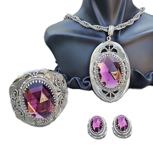 Whiting & Davis Victorian Revival Glass Filigree Statement Parure Signed Vintage - Picture 2 of 10